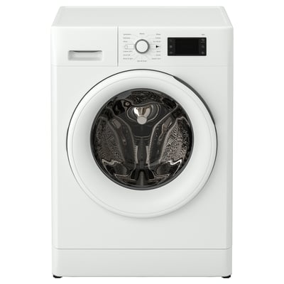 White UDDARP washing machine, sleek, rounded front, digital display.