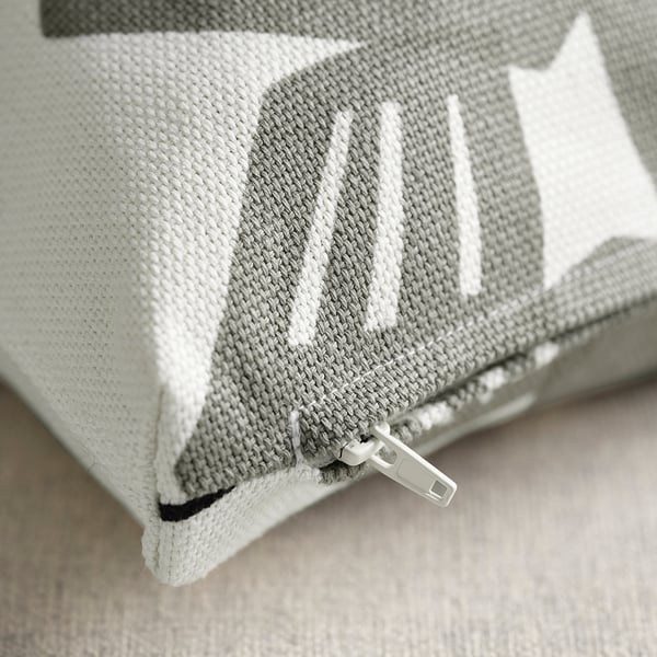 Zippered cushion cover, light grey-green, texture detail, boxed corners for square shape.