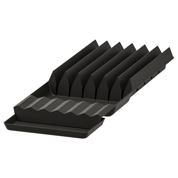 The UPPDATERA black plastic knife organiser, angled slots, protects knives, easy access.