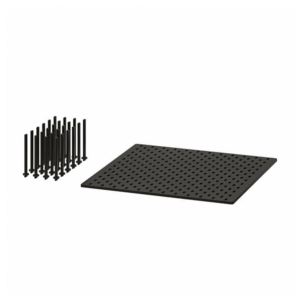 Black pegboard and pegs, square shape, customizable storage solution.