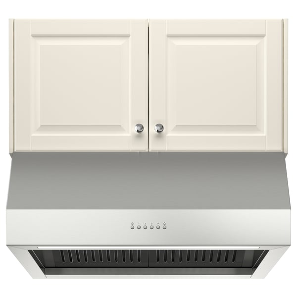 Modern stainless steel range hood with led lights; fits inside cabinets or mounts with chimney.