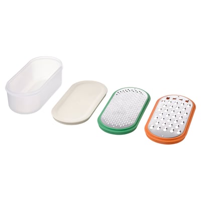 UPPFYLLD set: white, green, orange graters and container, stainless steel, plastic.