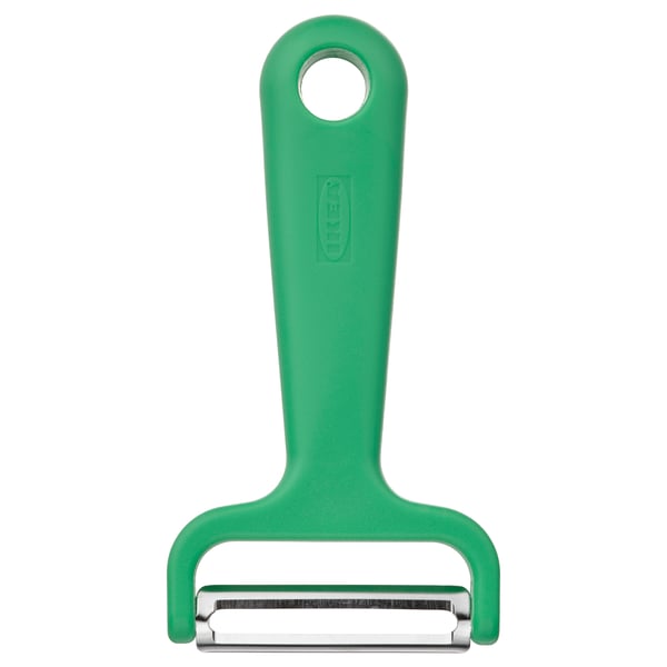 Bright green UPPFYLLD peeler, t-shaped, stainless steel blade, plastic handle with hanging hole, kitchen utensil.
