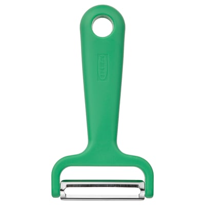 Bright green UPPFYLLD peeler, t-shaped, stainless steel blade, plastic handle with hanging hole, kitchen utensil.