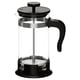 Black UPPHETTA cafetière, glass body, plastic handle and lid, stainless steel parts, round shape.