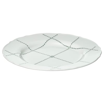 UPPLAGA white porcelain plate, round with ruffled edge, black dashed lines design.