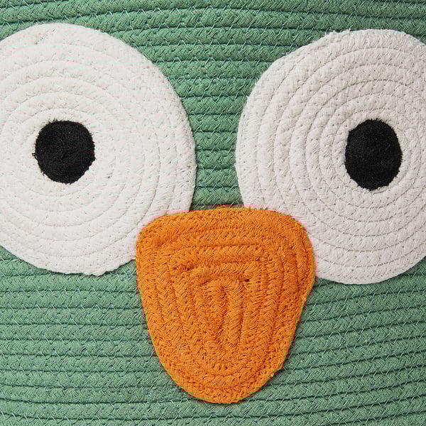 Handcrafted cotton owl storage bag; soft, colourful, detailed eyes and beak