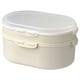 A white, oval-shaped, two-tiered plastic lunch box with a clear lid, designed for stacking and separating food items.