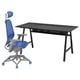 Blue gaming chair with black desk. Ergonomic chair, mesh back, five casters. Desk is rectangular, black with wire mesh.