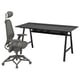 Black office desk with mesh design and ergonomic chair with black mesh and grey seat.