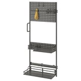 A grey UTRUSTA organiser with multiple storage levels, hooks for hanging, and adjustable shelves.