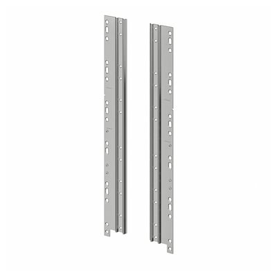 Two vertical, metallic silver, rectangular rails with evenly spaced holes, designed for attaching drawer fronts.