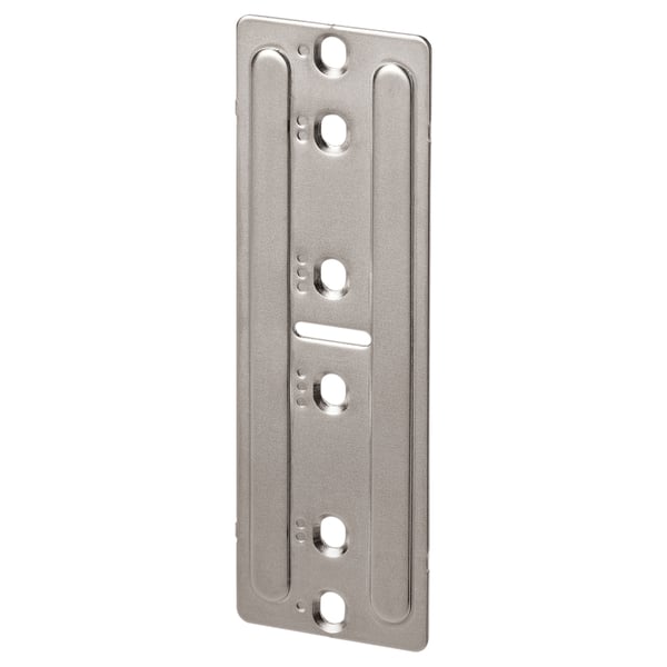 A UTRUSTA connexion fitting for cabinet doors, silver, rectangular, with multiple round and slot mounts.