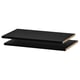 Two black rectangular shelves, sleek and modern, with smooth, melamine surfaces and sturdy edges.