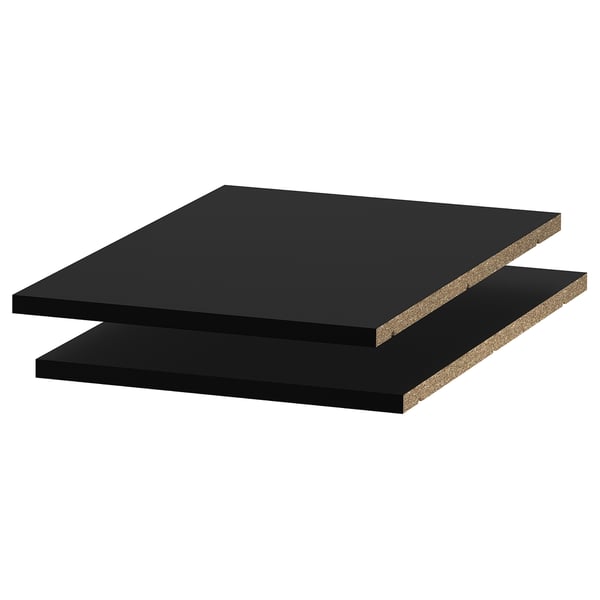 Two black melamine shelves, rectangular.