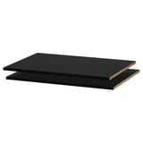 Two black UTRUSTA shelves. Made of durable melamine, theyre rectangular with smooth surfaces and sturdy designs, perfect for fitting inside cabinets.