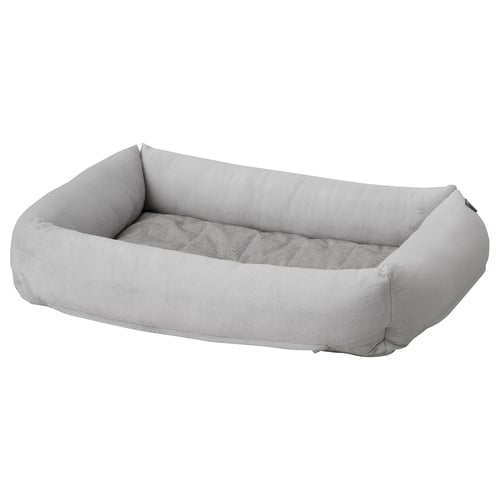 A grey UTSÅDD pet bed for cats or dogs, rectangular with bolstered sides, made from soft recycled materials.