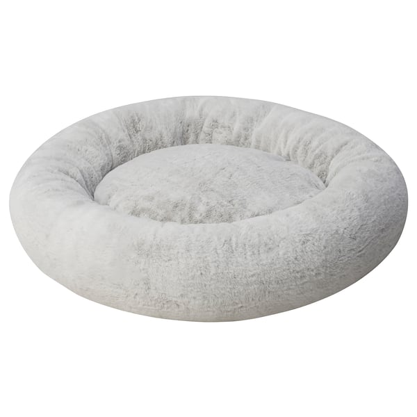 UTSÅDD grey dog bed, round, faux fur, white, comfy, machine washable.