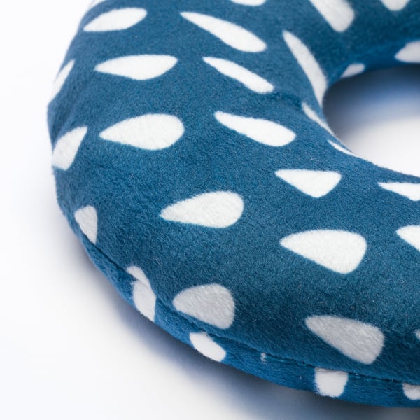 Blue dog toy with white polka dots; durable, recycled fabric, fun for playtime.