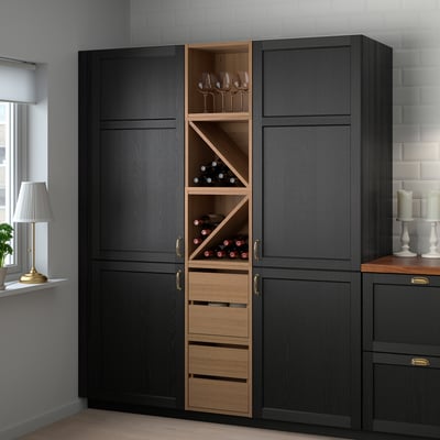 Dark brown VADHOLMA cabinets with wine rack, glassware, & drawers. Tall, wide, & modern.