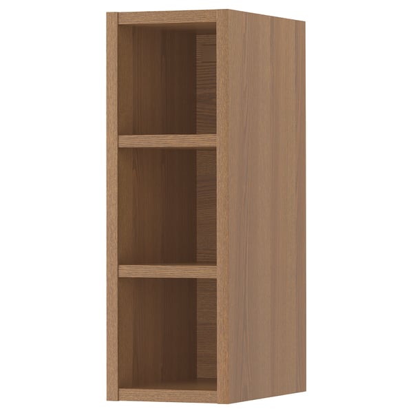 An empty VADHOLMA wooden storage cabinet. Its rectangular, brown, and has three open shelves.