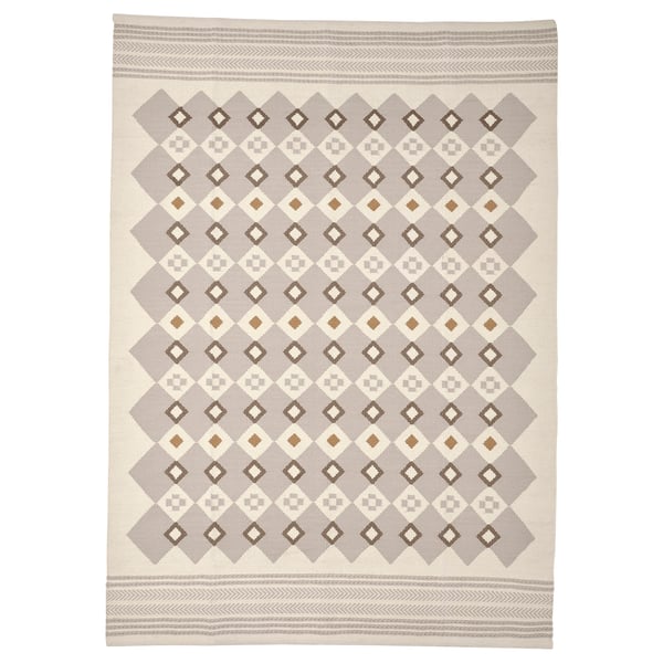 Handwoven VÄGNÄT rug, grey/cream, wool/cotton, diamond pattern, rectangular shape.