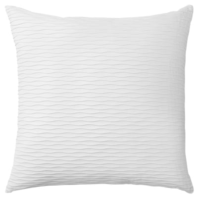 A white, square VÄNDEROT pillow with a wavy design and feather filling.