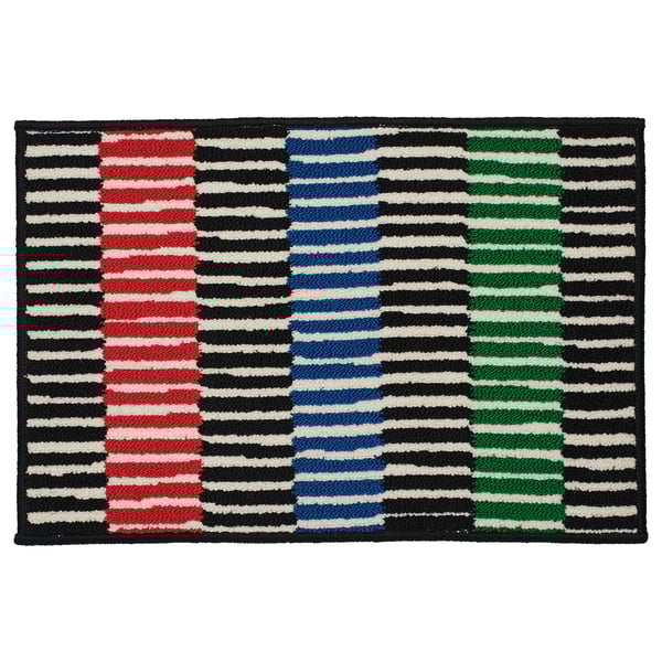 VÄNDPLATS mat, rectangular, colourful stripes red, blue, green on black with white stripes.