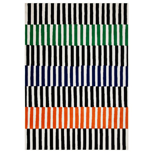 A rectangular VÄNDPLATS rug by tom hedqvist, featuring black, green, blue, and orange stripes, made of polypropylene.