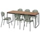 Six-piece outdoor dining set with wooden table and metal chairs, perfect for garden.