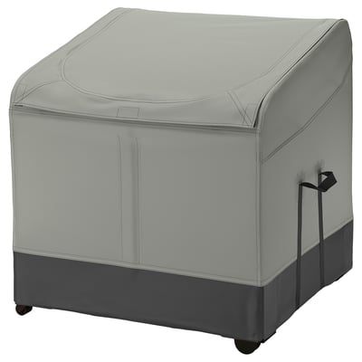 A grey VÄTTERSÖ waterproof storage box with ventilation for outdoor cushions.