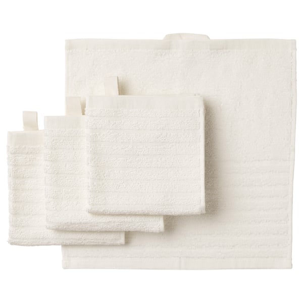 VÅGSJÖN white towels in cream: bath sheet, towel, hand towels, washcloths; soft, absorbent cotton, textured pattern.