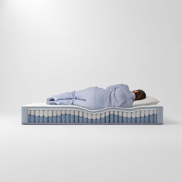 A person sleeping on a blue VÅGSTRANDA mattress with visible pocket springs.