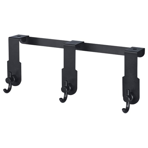 This is a black valasjon coat hanger with three hooks, designed to hang over door edges for storage.