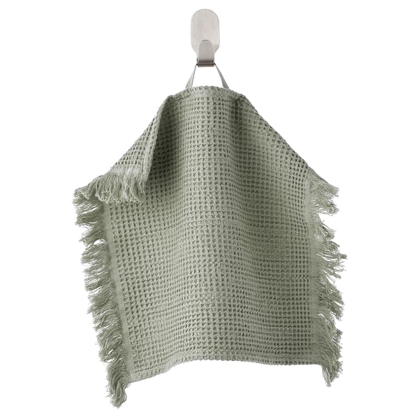 VALLASÅN towel, light green, woven, rectangular with fringed edges, hangs on hook.