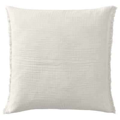 Square cream-colored throw pillow, soft cotton muslin, crinkled texture, zip closure.