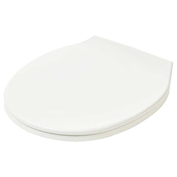 A white, semi-circular bathroom item, likely a toilet lid with soft-close hinges.