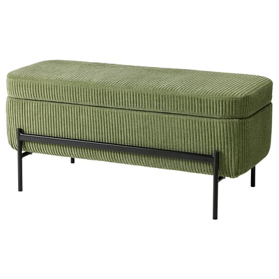 Green and black VALTORP bench with metal legs and storage.