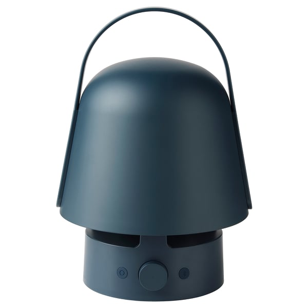 Blue VAPPEBY speaker-lamp with handle, combines audio and lighting for outdoor use.