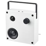 White VAPPEBY bluetooth speaker with black handle and knobs, sleek design, black drivers, central power button.