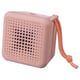 A pink VAPPEBY portable speaker with a braided orange handle. Its rectangular, waterproof, and equipped with holes for sound dispersion.