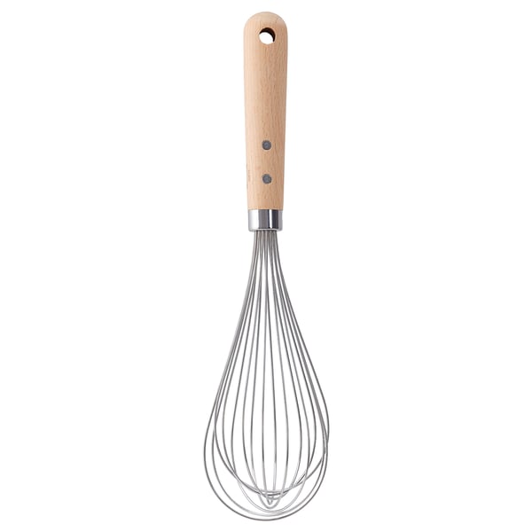 VARDAGEN whisk, beech handle and stainless steel loops, kitchen tool for mixing.