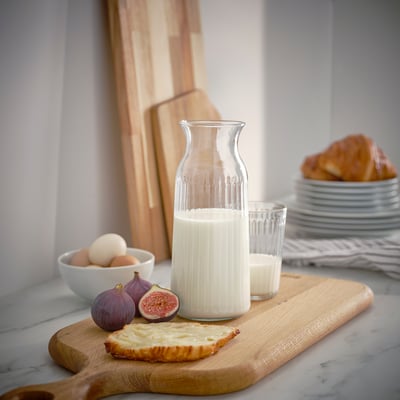 VARDAGEN glass carafe, clear, cylindrical, ribbed design, easy-grip neck.