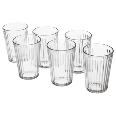 Six clear glass cups with vertical ridges, arranged in two rows of three, simple and durable design.