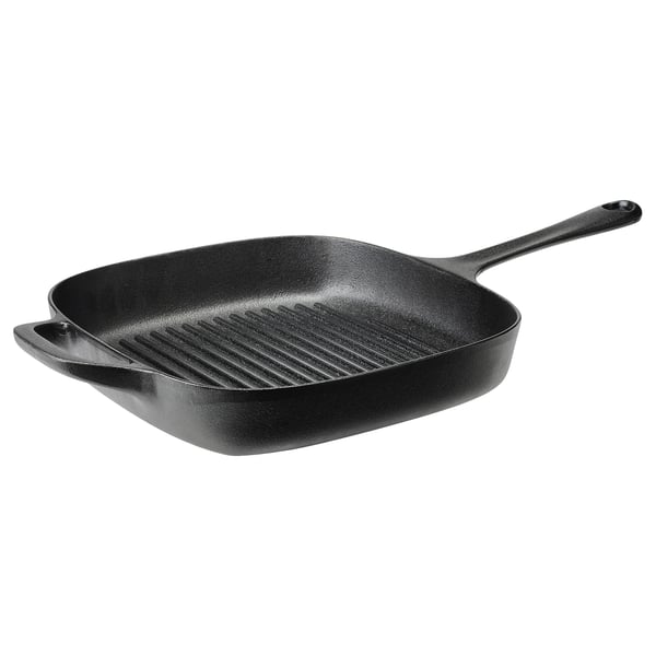 Black cast iron square frying pan with two handles. Suitable for hobs and ovens.