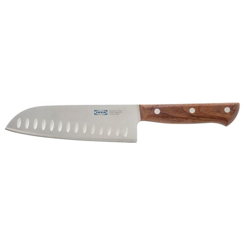 Ikea VARDAGEN knife, dark walnut handle, stainless steel blade with indentations, balanced design, 15-year guarantee.