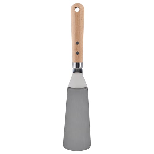 Wooden-handled VARDAGEN spatula with stainless steel blade, curved edge, and hanging hole.