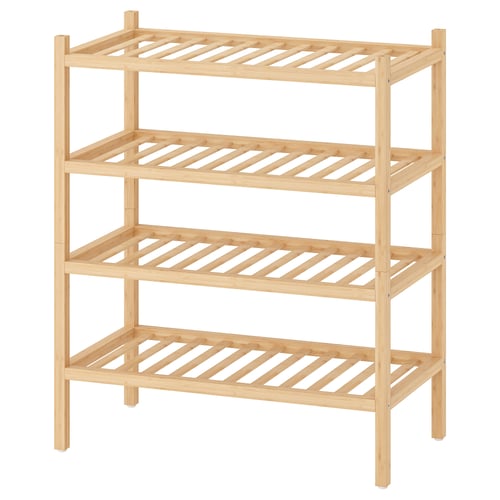 Wooden 4-tier shelf unit for storage, easy access, sturdy and simple design.