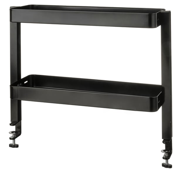 Black metal two-tier desk organiser, adjustable, wall-mountable.