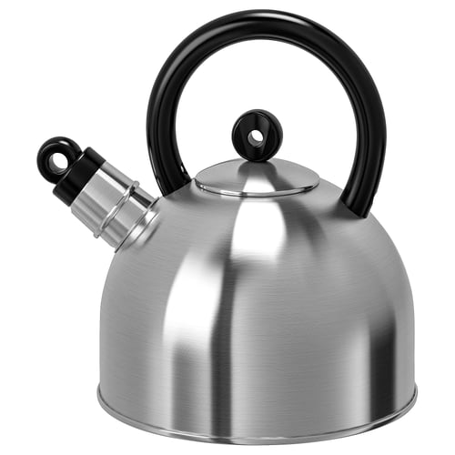 VATTENTÄT silver kettle, shiny stainless steel, curved black handle, whistle top, sleek modern design.